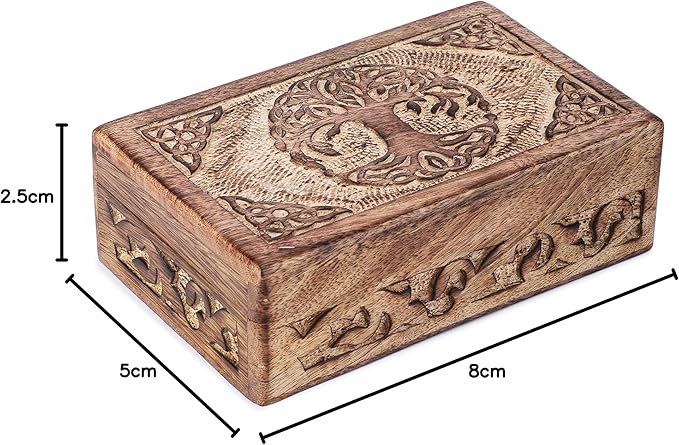Ajuny Wooden Jewelry Box - Hand Carved Mango Wood Tree of Life Celtic Carving Decorative Multipurpose Keepsake Box, Treasure Chest Memory Box Organizer Travel Trinket Holder Case Gifts - 8x5 Inch