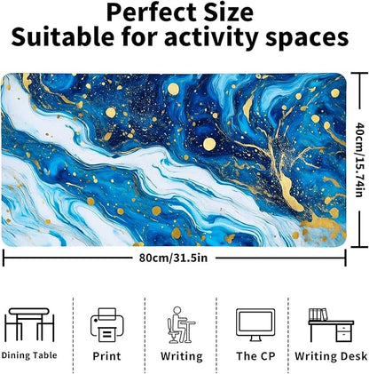 Modern Blue Marble Desk Mat, Luxurious PU Leather Desk Pad - Large Non-Slip Office Mat for a Stylish Gaming & Home Workspace, Aesthetic Desk Decor （31.5 * 15.75in）