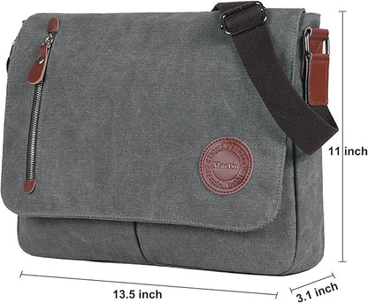 Mactso Vintage Canvas Messenger Bag for Men Women, 13.5 Inch Laptop Satchel Shoulder Bag with Multiple Pockets, Crossbody Bag for Work Travel College (Grey)