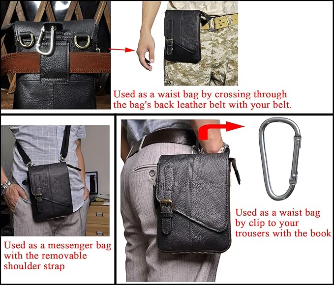 Le'aokuu Mens Genuine Leather Small Messenger Shoulder Satchel Phone Pouch Belt Waist Bag Pack