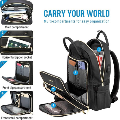 LOVEVOOK Laptop Backpack for Women, Water Resistant Travel Work Black Backpacks Purse Business Teacher Nurse Computer Bag with USB Charging Port, Fits 15.6" Laptop