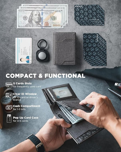 VULKIT Airtag Wallet with Keyring Mens Pop up Credit Card Wallet with Air Tag Holder Trifold ID Window RFID Blocking（Grey）