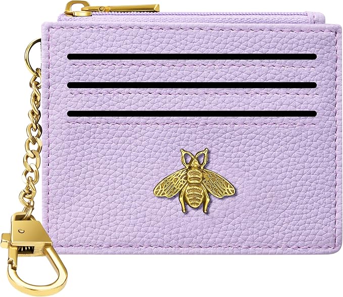 SEAVILIA Card Holder Keychain Wallet for Women with ID Window RFID Blocking Coin Purse Bee Gifts Slim Minimalist Small PU Leather