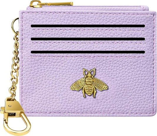 SEAVILIA Card Holder Keychain Wallet for Women with ID Window RFID Blocking Coin Purse Bee Gifts Slim Minimalist Small PU Leather