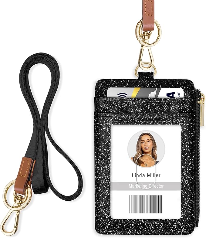 ID Badge Holder with Lanyard, Vertical Bling Shiny ID Badge Card Holder with 1 Clear ID Window, 4 Credit Card Slots, 1 Cash Coin Slot and a Detachable Neck Lanyard (Bling Black)
