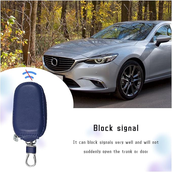 Car Key Case, Genuine Leather Auto Key Fob Cover Case, Key Fob Protector with Metal Hook, Car Smart Keychain Holder (Blue)