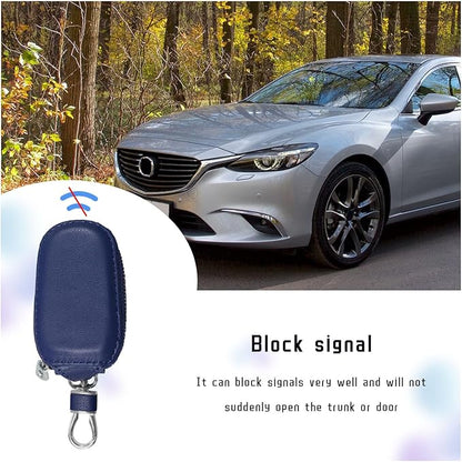 Car Key Case, Genuine Leather Auto Key Fob Cover Case, Key Fob Protector with Metal Hook, Car Smart Keychain Holder (Blue)