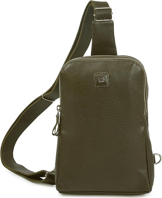 Leather Sling Bag for Women Genuine Crossbody Purse Small Trendy Cross Over Chest with Phone and Credit Card Slots (Olive Nappa)