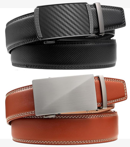 Founders & C Mens Belt 2 Pack,Leather Ratchet Click Belt Dress with Slide Buckle 1 3/8" in Gift Set Box- Size Adjustable