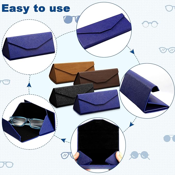 Flutesan 4 Pack Foldable Glasses Sunglasses Case PU Hard Shell Collapsible Eyeglasses Leather Case 4 Cleaning Cloths