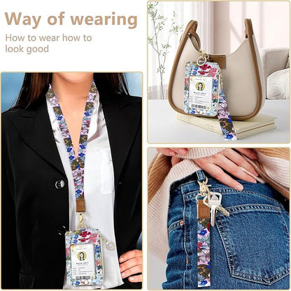bolimoss 2-in-1 Floral Lanyard Wallet & ID Badge Holder, Vertical Leather ID Card Name Badge Holders with Small Zip ID Case Breakaway Wristlet & Cute Neck Lanyard for Offices, Woker, Teacher, Students