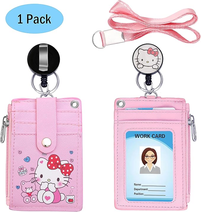【2025 New】 Cute ID Badge Holder Retractable Lanyard Reel Clip with Heavy Duty Carabiner,5 Card Slots in2 Sided with Key Ring and Zipper for Students Teens Boys Girls Office Staff Women (01 Pink CatA)