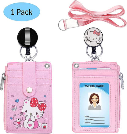 【2025 New】 Cute ID Badge Holder Retractable Lanyard Reel Clip with Heavy Duty Carabiner,5 Card Slots in2 Sided with Key Ring and Zipper for Students Teens Boys Girls Office Staff Women (01 Pink CatA)