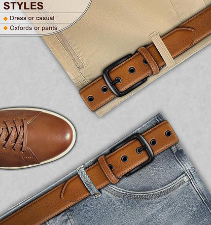 KEMISANT Men Leather Belt 7Holes Adjustable for Jean Casual Dress Golf 1 1/2"-Metal Hole Design-Cut For Fit