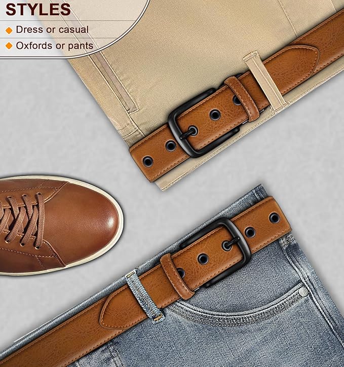 KEMISANT Men Leather Belt 7Holes Adjustable for Jean Casual Dress Golf 1 1/2"-Metal Hole Design-Cut For Fit