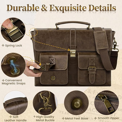 RAINSMORE Mens Messenger Bag 15.6 Inch Leather Vintage Laptop Briefcase Waterproof Computer Laptop Bag Leather Satchel Bag Large Shoulder Bag for Office Work Travel College, DarkBrown