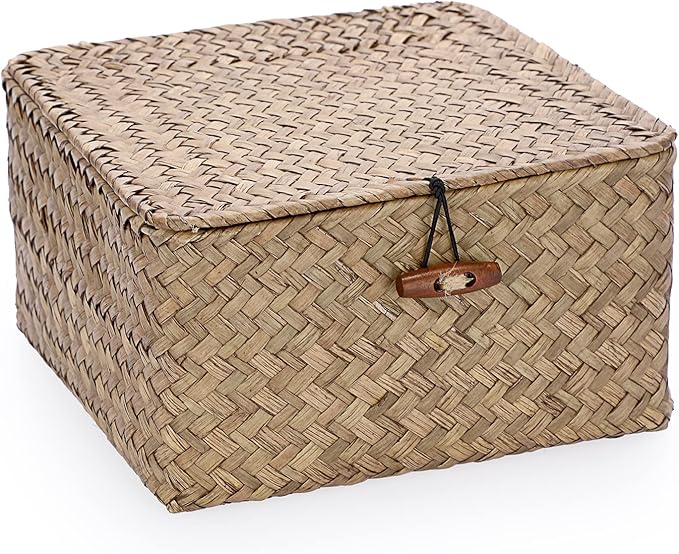 Hipiwe Wicker Shelf Baskets Bin with Lid Handwoven Seagrass Storage Basket Container Square Multipurpose Household Basket Boxes for Shelves and Home Organizer, Coffee Small