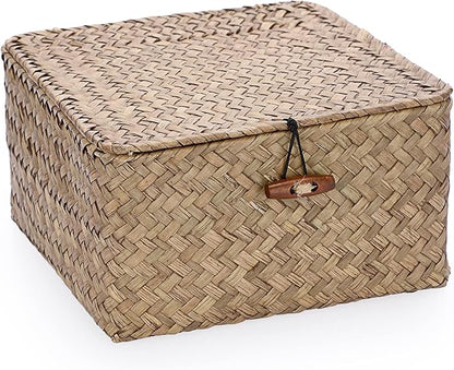 Hipiwe Wicker Shelf Baskets Bin with Lid Handwoven Seagrass Storage Basket Container Square Multipurpose Household Basket Boxes for Shelves and Home Organizer, Coffee Small