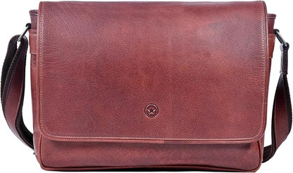 16" Crossbody Bag Leather Laptop Messenger Bag For Men with trolley sleeve for school office (Dark Brown)