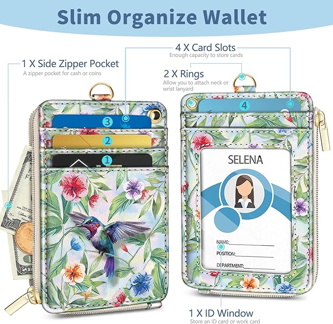 Lanyard Wallet with Id Badge Holder, Bird RFID Small Keychain Wallet Women Wristlet, Cute Zipper Credit Card Holder Phone Wrist Neck Strap for Key Name Tag, Teacher Student Office Gift