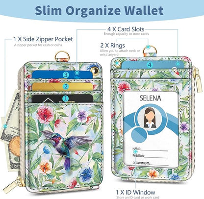 Lanyard Wallet with Id Badge Holder, Bird RFID Small Keychain Wallet Women Wristlet, Cute Zipper Credit Card Holder Phone Wrist Neck Strap for Key Name Tag, Teacher Student Office Gift