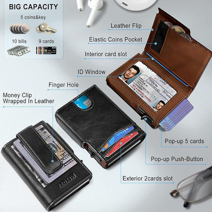 miyozi Wallet for Men, Magnetic Minimalist Slim Wallet with Pop Up Card Holder, 9 Cards RFID Blocking Metal Credit Card Case, Leather Wrapped Money Clip, ID Window & Small Item Slot, Gift Boxed