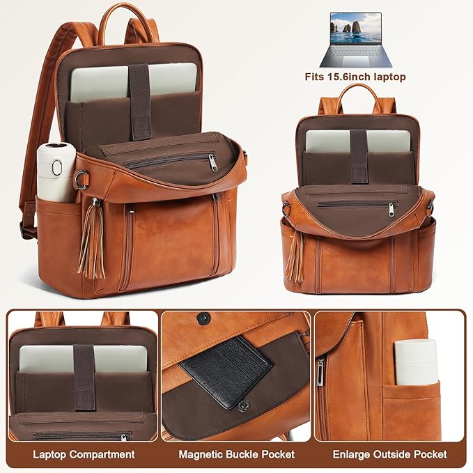 Shrrie Laptop Backpack for Women 15.6 inch,Travel Leather Backpack Purse Nurse Teacher Carry on Backpack Computer Bag,Professional Water-Resistant College Business Work Casual Daypack,Brown
