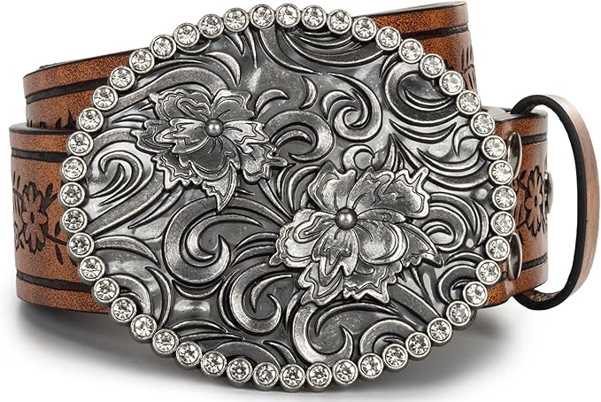Mealah Vintage Western-Cowboy-Belt for Women Men - Carved Buckle PU Leather Waist Belts (for Waist 28"-38")
