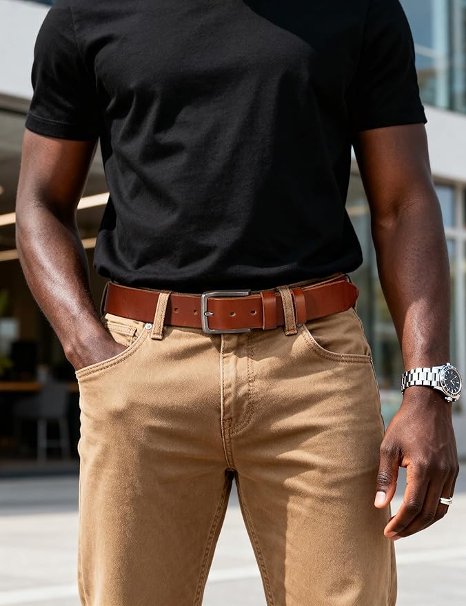 Men's Genuine Leather Belt - 1.5 Inch Casual & Work Belt with Metal Buckle