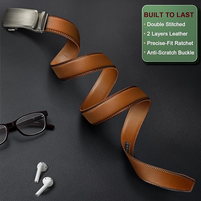 KEMISANT Belt Men, Sliding Ratchet Belt Genuine Leather For Gift Mens Dress Pants Oxfords,Size Adjustable