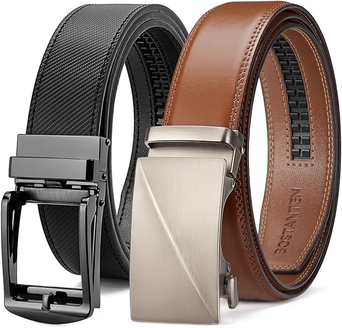 BOSTANTEN Ratchet Leather Belt For Men 2 Pack Dress and Casual with Adjustable Buckle, Trim to Fit