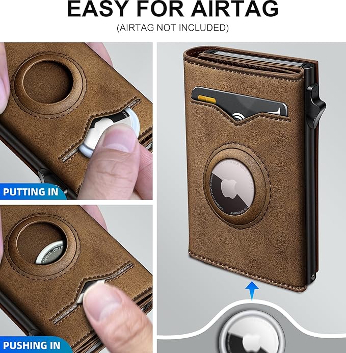 miyozi Airtag Wallet for Men,with Cash Pocket 2 ID Window 9-12 Cards,Metal Case Smart Slim Pop Up Credit Card Holder Flip with Magnetic Closure RFID Blocking Trifold wallet with Gift Box