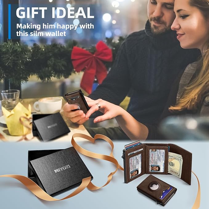 miyozi Airtag Wallet for Men,with Cash Pocket 2 ID Window 9-12 Cards,Metal Case Smart Slim Pop Up Credit Card Holder Flip with Magnetic Closure RFID Blocking Trifold wallet with Gift Box