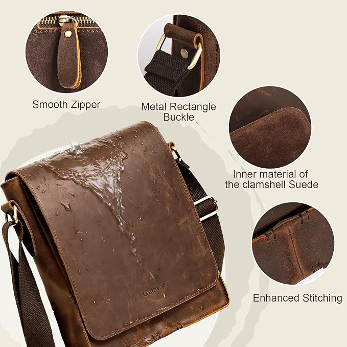 Leathario Crossbody Bag for Men Genuine Leather Small Messenger Shoulder Purse Side Vintage Satchel for Work Travel Daily