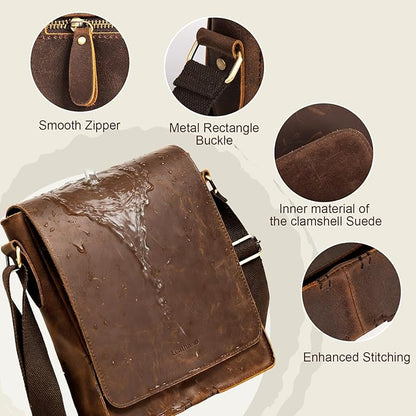 Leathario Crossbody Bag for Men Genuine Leather Small Messenger Shoulder Purse Side Vintage Satchel for Work Travel Daily