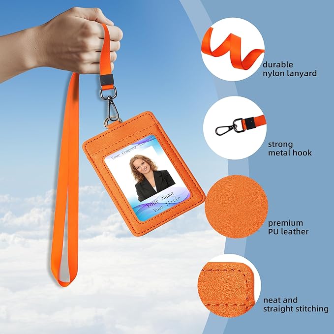 Leather Badge Holder with Adjustable Lanyards,Swivel Metal Clasp for Offices, Staff, Students, Employees (Orange)