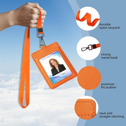 Leather Badge Holder with Adjustable Lanyards,Swivel Metal Clasp for Offices, Staff, Students, Employees (Orange)