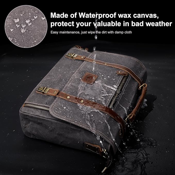Manificent Laptop Messenger bag for Mens 15.6 Inch, Waterproof Vintage Genuine Leather Mens Briefcase shoulder bag 16 Storage Pockets, Waxed Canvas Leather Computer Business Satchel Work Bag (Gray)