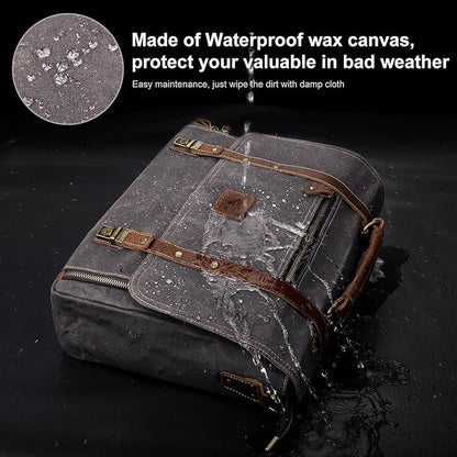 Manificent Laptop Messenger bag for Mens 15.6 Inch, Waterproof Vintage Genuine Leather Mens Briefcase shoulder bag 16 Storage Pockets, Waxed Canvas Leather Computer Business Satchel Work Bag (Gray)