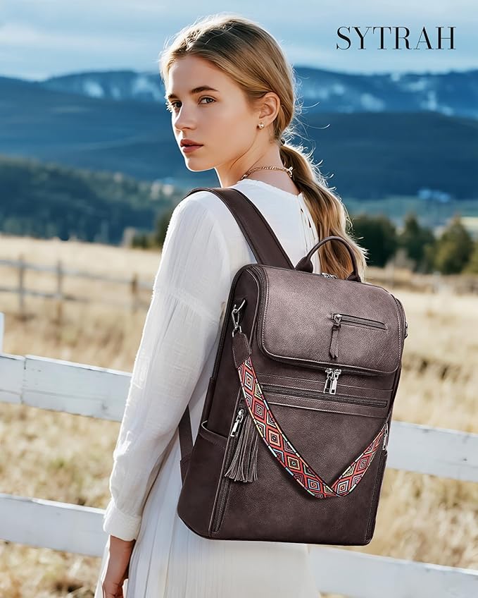 SYTRAH Leather Laptop Backpack for Women Designer Laptop Bag, 16.5 inch Travel Computer Backpacks Purse with Tassel for Work Business with Satchel Purse Dark Coffee