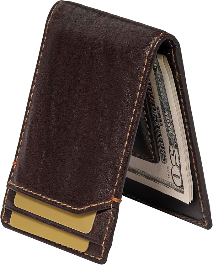 House of Jack Co. Jack Bifold Magnetic Money Clip Wallet for Men, Slim Front Pocket Wallet with Strong Interior Magnetic Clip, ID Window, Full Grain Cowhide, Brown