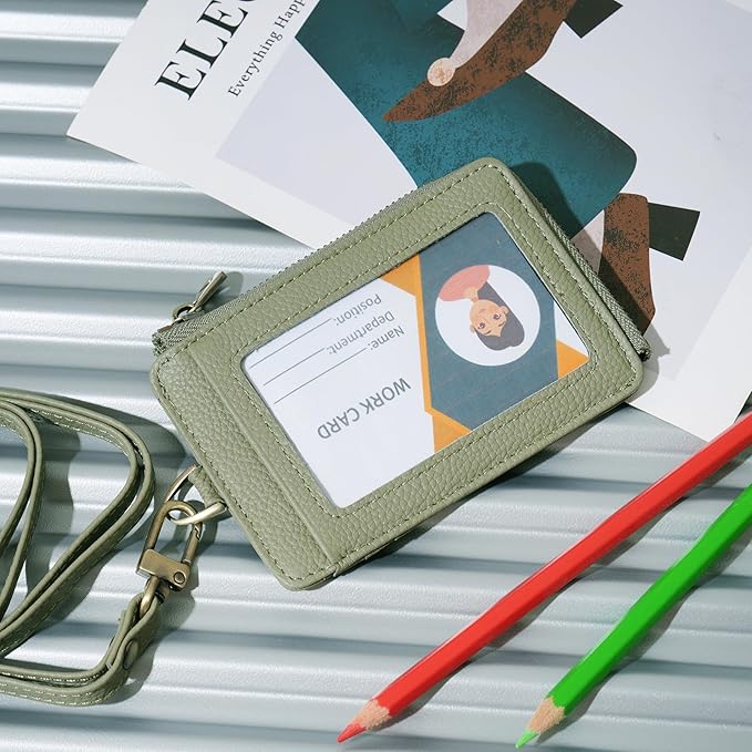 Wason Badge Holder Card Wallet Real Leather with Zipper, Detachable Neck Lanyard, Hand Strap, Retractable Badge Reel, Multi Purpose Case for ID Permit Badge Coin Key Driver's License (Light Green)