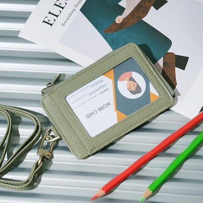 Wason Badge Holder Card Wallet Real Leather with Zipper, Detachable Neck Lanyard, Hand Strap, Retractable Badge Reel, Multi Purpose Case for ID Permit Badge Coin Key Driver's License (Light Green)