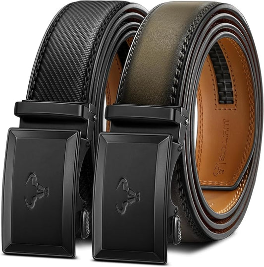 BULLIANT Men Belt 2Pack-Ratchet Leather Belt Adjsutable For Jeans Dress Casual Pant 1 3/8"- Cut For Fit