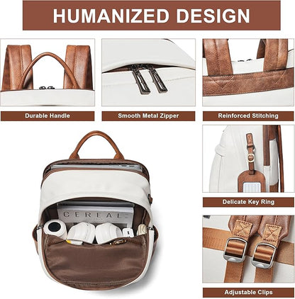 Vegan Leather Backpack for Women and Men, Fits 16.0 Inch Laptop, Multi-Pocket Design with Water Bottle and Luggage Strap, Ideal for Work, Travel, and Daily Use, Beige