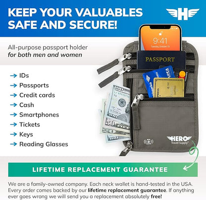 HERO Neck Wallet - RFID Blocking Passport Holder, Easy to Conceal Travel Pouch (Army Grey)