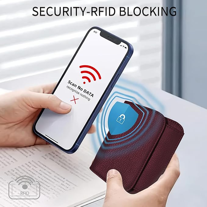 Women Small Wallet RFID Blocking Slim Wallet with Coin Pocket Tri-Fold Credit Card Holder with ID Window and Keychain (Burgundy)