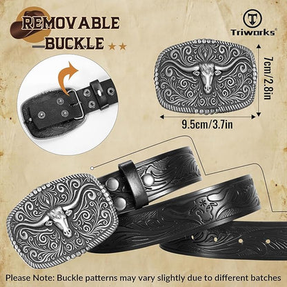 TRIWORKS Western Belt for Men Women Cowboy Engraved Belt Western Buckle Embossed Leather Belt