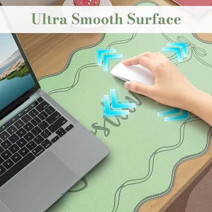 iCasso Green Scalloped Desk Cover Mat, Extra Large Mouse Pad, PU Leather Desk Pad Mat,Waterproof Writing Blotter for Desktop Protector, Non-Slip XXL Big Mousepad for Computer Office Dorm-Bow