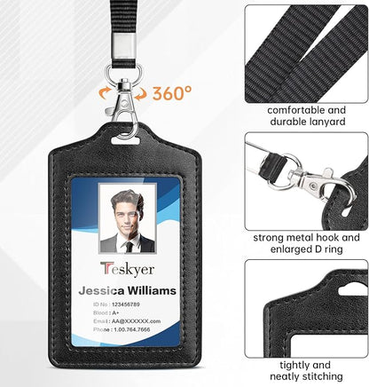 Teskyer 2 Pack Double Sided Clear Badge Holder with Lanyard, PU Leather ID Badge Name Card Holder with Stainless Steel J-Hook Nylon Lanyard for Work, School, Metro, Access, Black